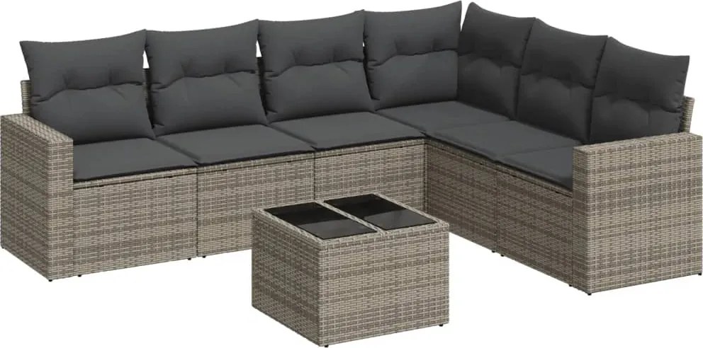 3251357 vidaXL Градински диван с възглавници, 7 части, полиратан, сив