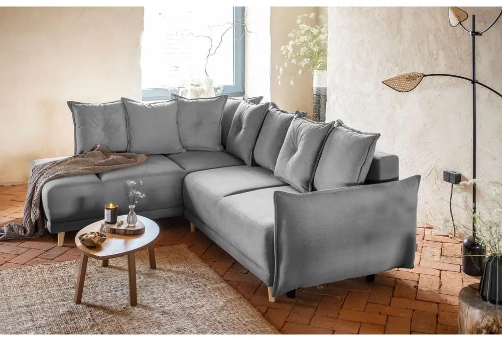 Сив велурен разтегателен диван (ляв ъгъл) Lazy Lukka - Miuform