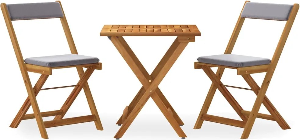 319705 vidaXL Сгъваем бистро комплект, 3 части, с възглавници, акация масив