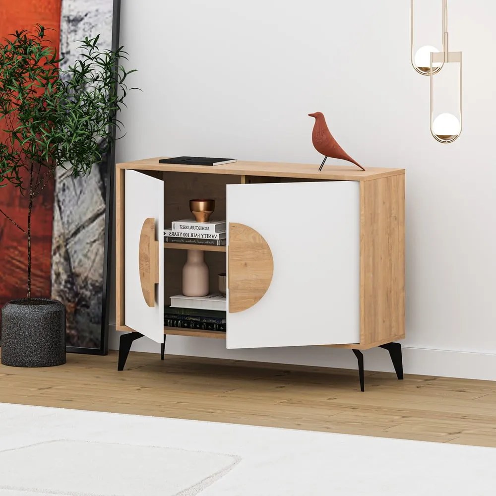 Нисък скрин с дъбов декор в бял и естествен цвят 110x82 cm Vae - Marckeric