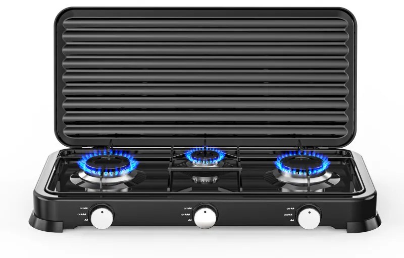Троен газов котлон с капак Rosberg R51454D3, 2x2.2kWh 1x1kWh, 30 mbar, Въглеродна стомана, Черен