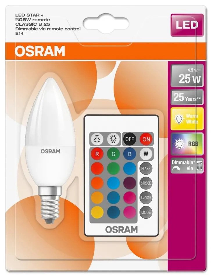 LED RGBW Димируема крушка STAR E14/4,5W/230V 2700K + д.у. – Osram