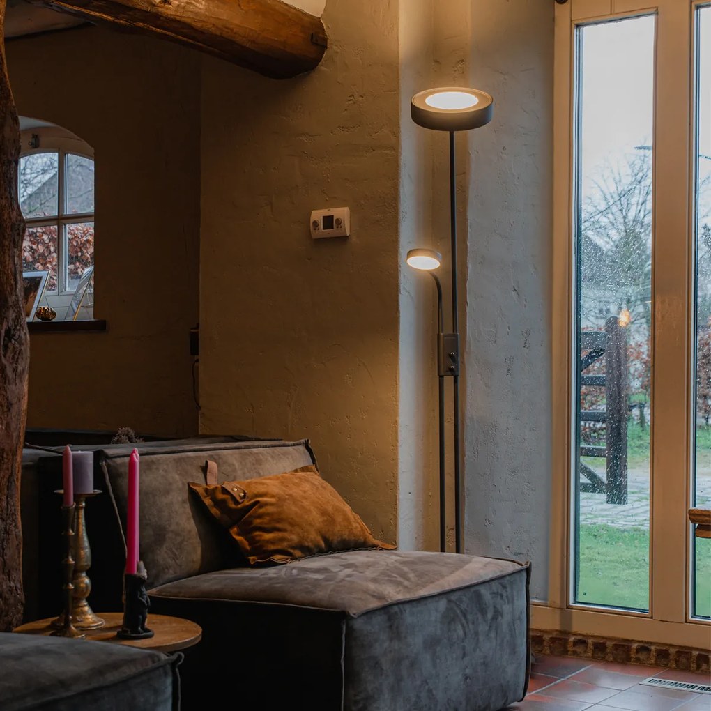 Подова лампа черна с LED и димер с лампа за четене - Kelso