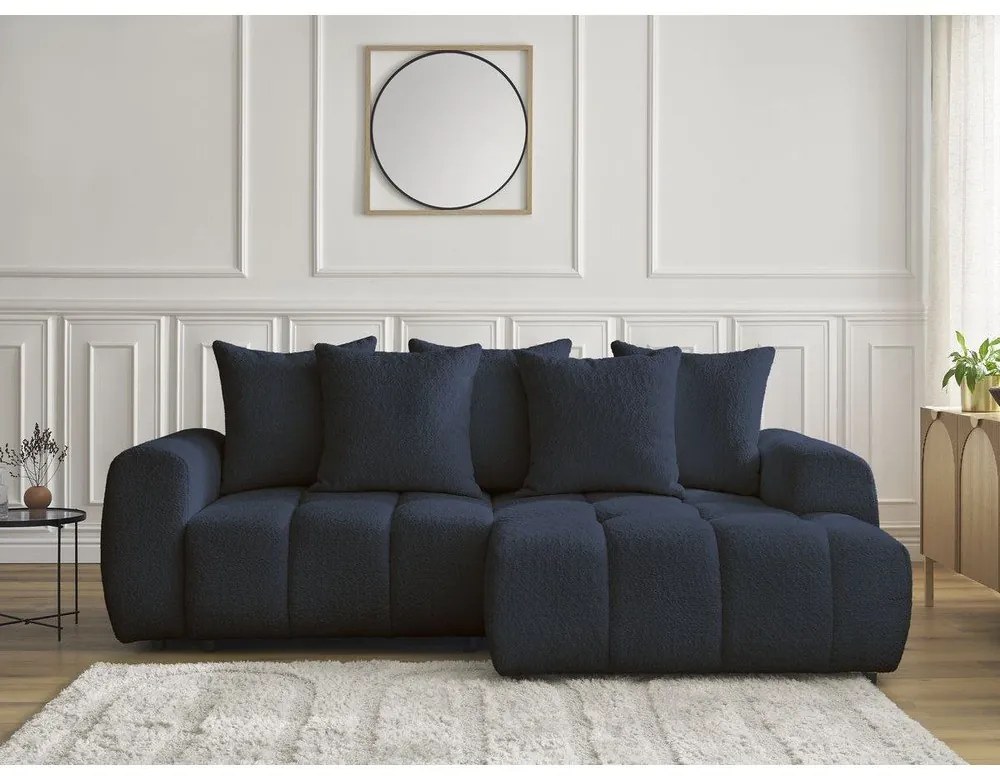 Син сгъваем/с място за съхранение ъглов диван от прежда с примки от букле (десен ъгъл) Roxelane – Bobochic Paris
