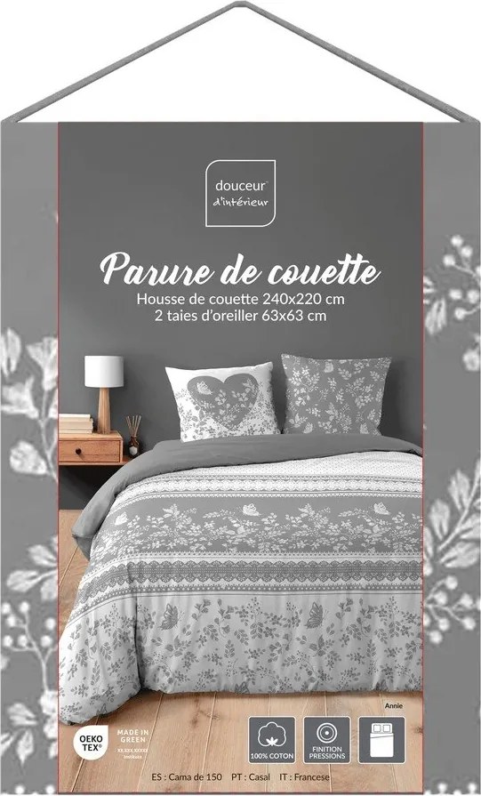 Бяло/сиво двойно /удължено 3 части памучно спално бельо 240x220 cm Annie – douceur d'intérieur
