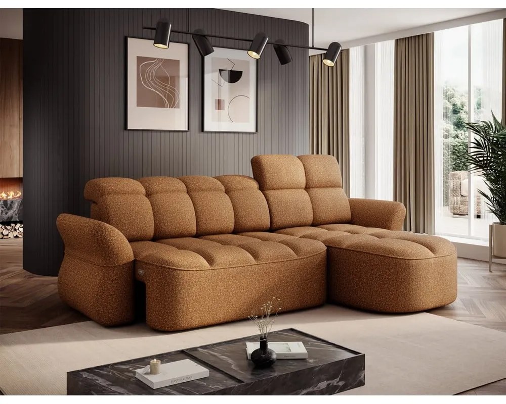 Жълт/кафяв кадифен сгъваем/с място за съхранение ъглов диван (десен ъгъл) Beneth – ELTAP