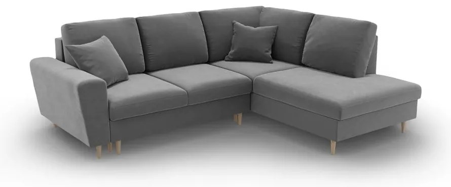 Светлосив кадифен разтегателен ъглов диван с място за съхранение (десен ъгъл/L форма) Kyoto – Cosmopolitan Design