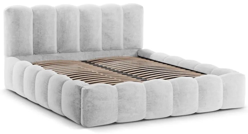 Светлосиво тапицирано двойно легло с място за съхранение с включена подматрачна рамка 200x200 cm Lupine – Micadoni Home