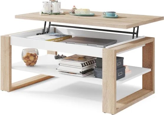 НУО Дъб Сонома/Бял мат -МОДЕРНА ХОЛНА МАСА С ПОВДИГАЩ СЕ ПЛОТ