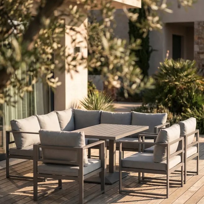 Голям ъглов комплект с фотьойли и регулируема маса XL-NM-2006 - сив + бежови възглавници