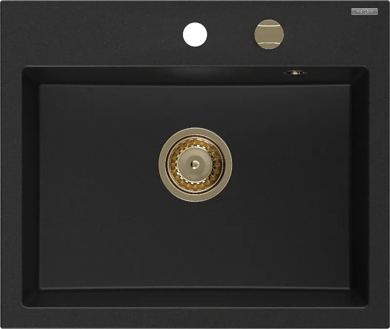 Mexen Oscar гранитна мивка с 1 отделение 580 x 490 mm, черна, сифон златен