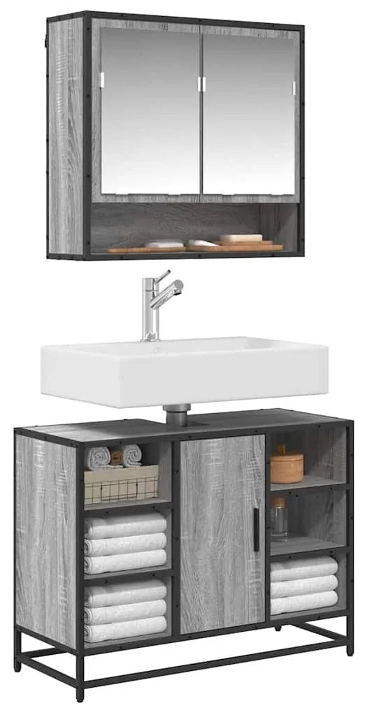 849292 vidaXL Шкаф за мивка за баня, сив сонома, 80x33x60 см, инженерно дърво