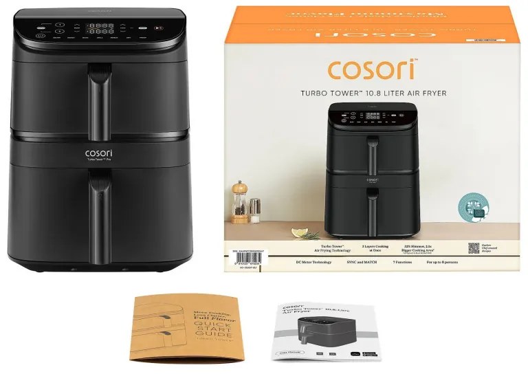 Двоен фритюрник с горещ въздух Cosori CAF-DC121 Turbo Tower, 2630W, 4.3/6.5 л, 7 програми, 30-230C, Сензорно управление, Таймер, Студени стени, Черен