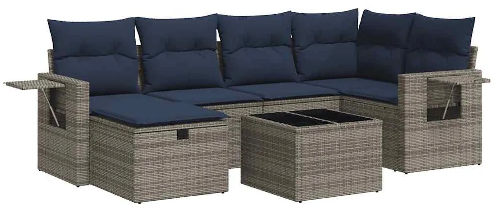 3325497 vidaXL Градински диван с възглавници, 7 части, полиратан, сив