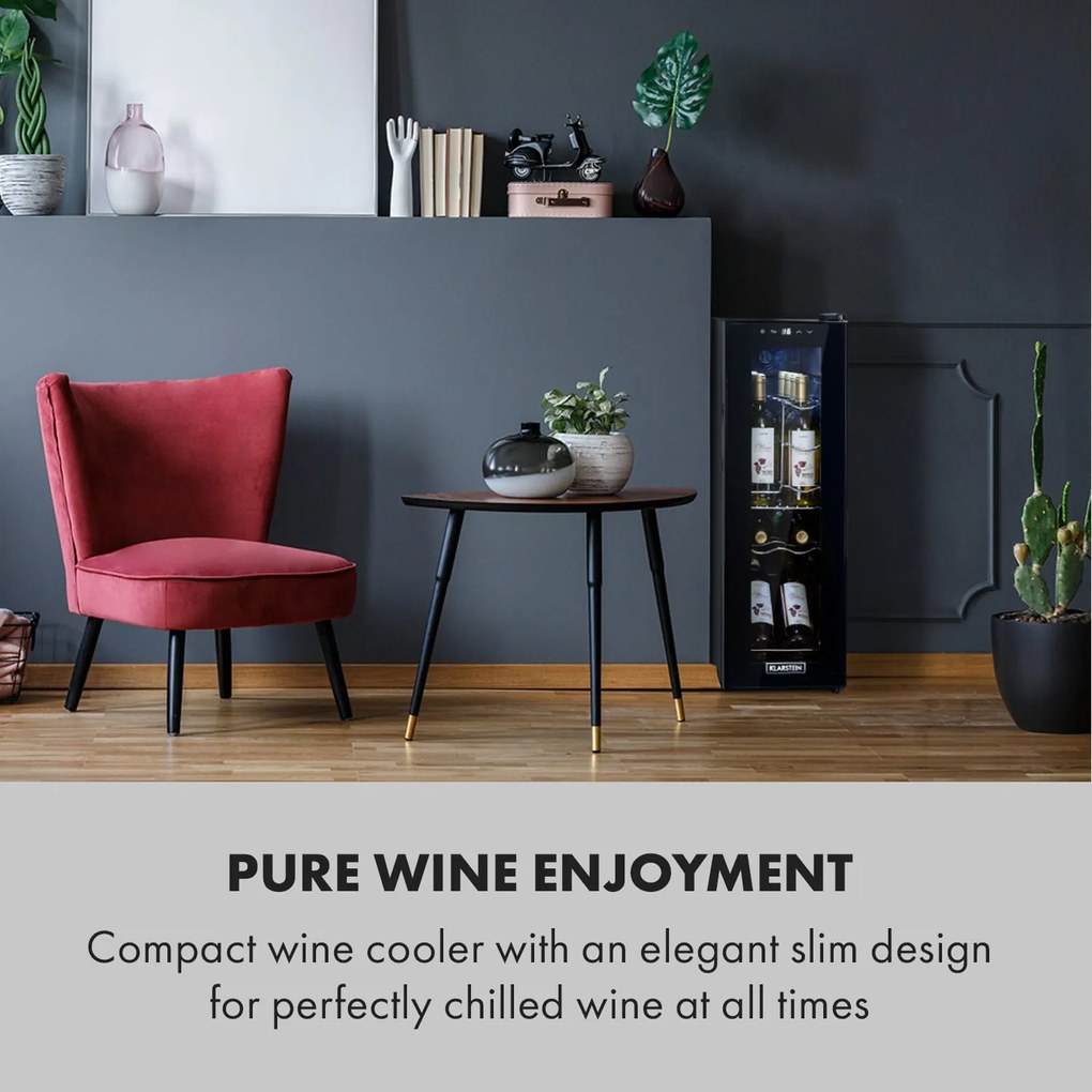 Klarstein Shiraz 12 Slim, охладител за вино, 32 л/12 бутилки, сензорен панел за управление, 85 W, 5 - 18 °C