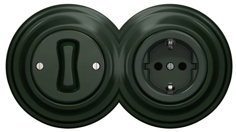 Kliklap – ретро еднополюсен ключ №1 и розетка SCHUKO 230 V в зелена рамка