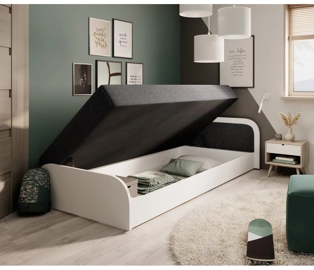 Бяло/тъмносиво единично легло 80x190 cm тапицирано/ПДЧ с място за съхранение с включен матрак Parys – ELTAP