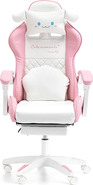 Детски геймърски стол с поставка за крака и масажна облегалка - розов