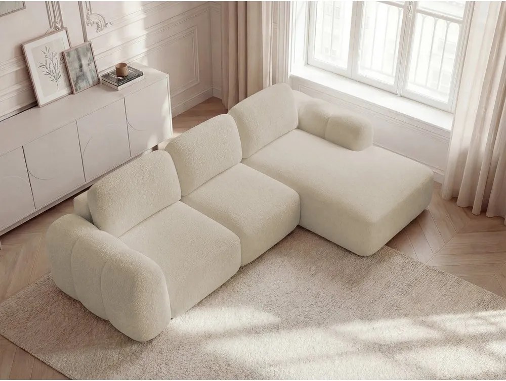 Бежов сгъваем/с място за съхранение ъглов диван от прежда с примки от букле (десен ъгъл) Montaigne – Bobochic Paris