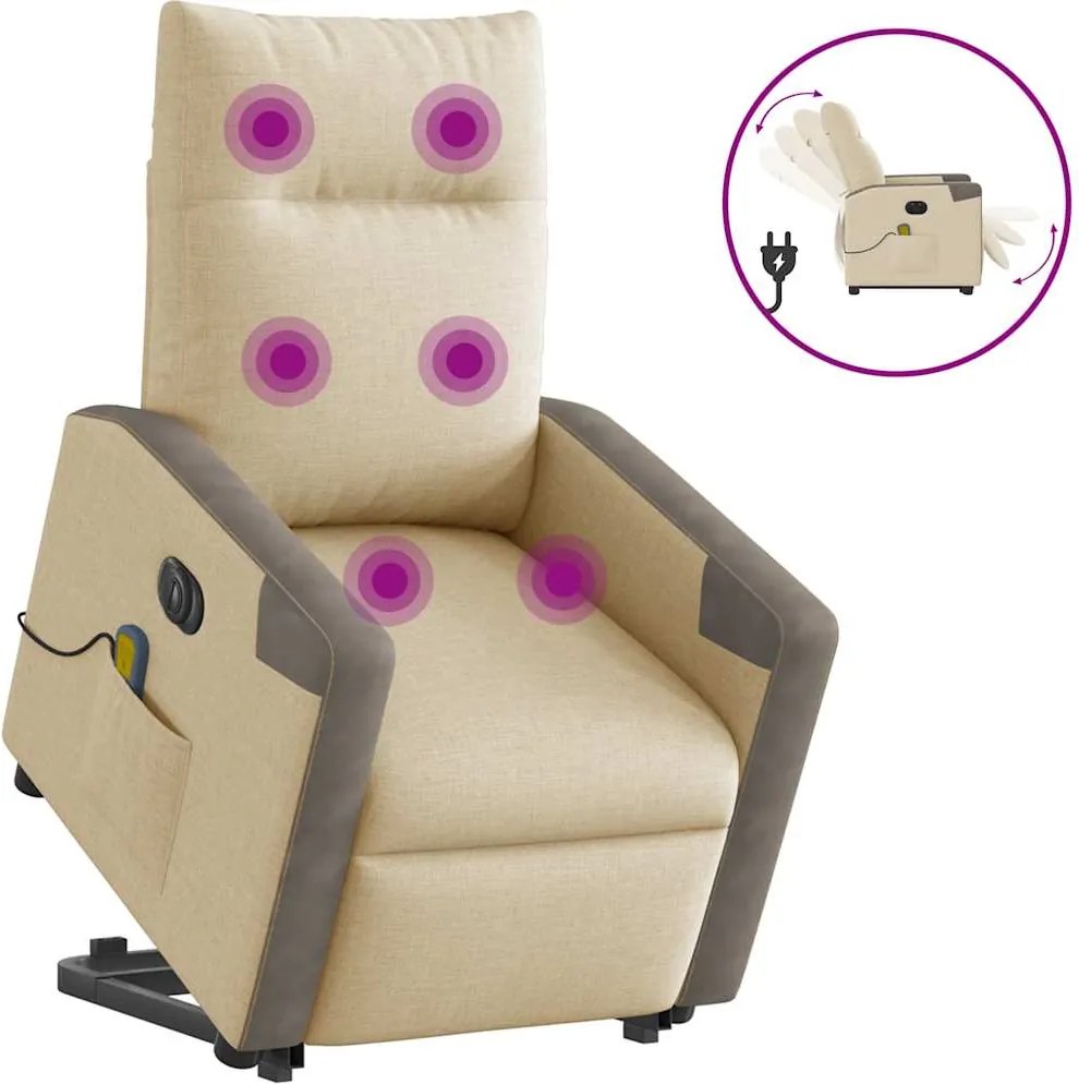 3324108 vidaXL Електрически изправящ масажен реклайнер стол кремав текстил