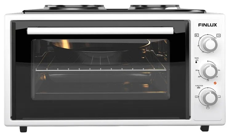 Малка готварска печка Finlux FMC-4524WF, 45 л, 1600 W, Два котлона, 3 функции, Емайл, Бял