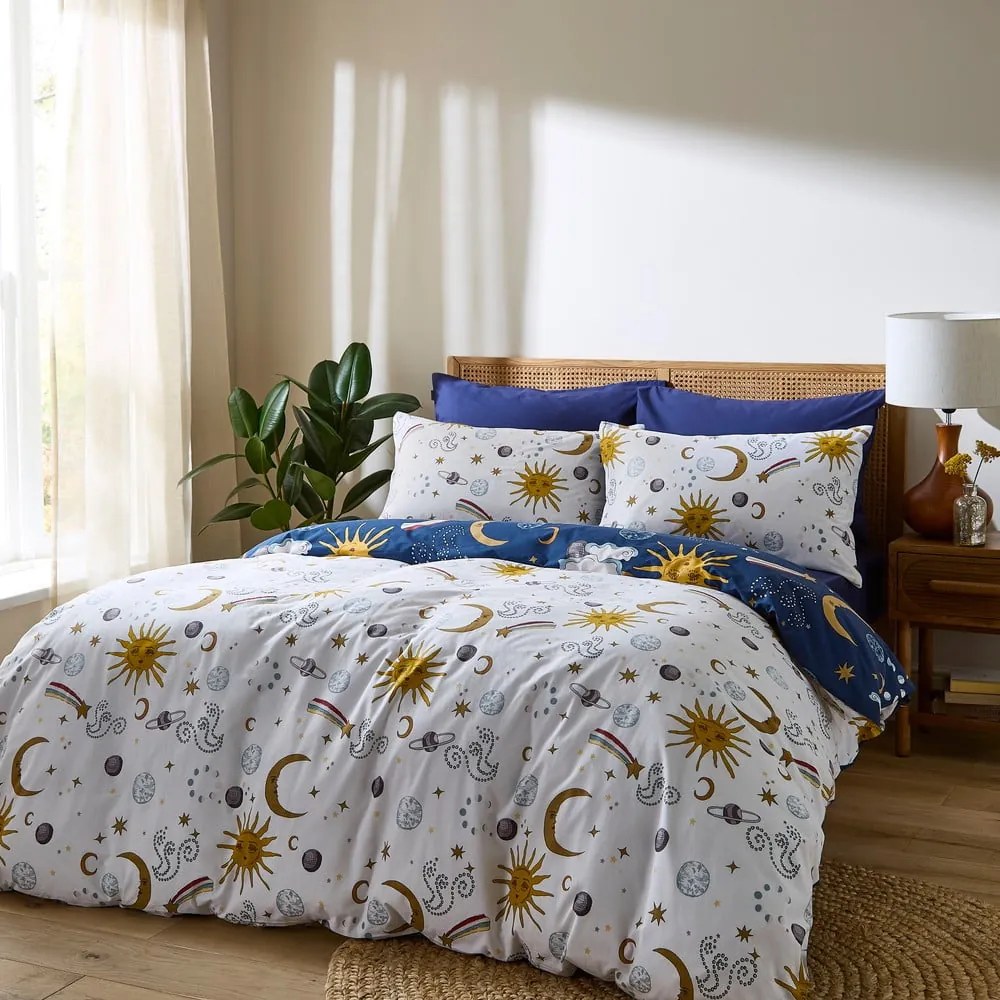 Бяло-синьо двойно памучно спално бельо 200x200 cm Disco Space – Their Nibs