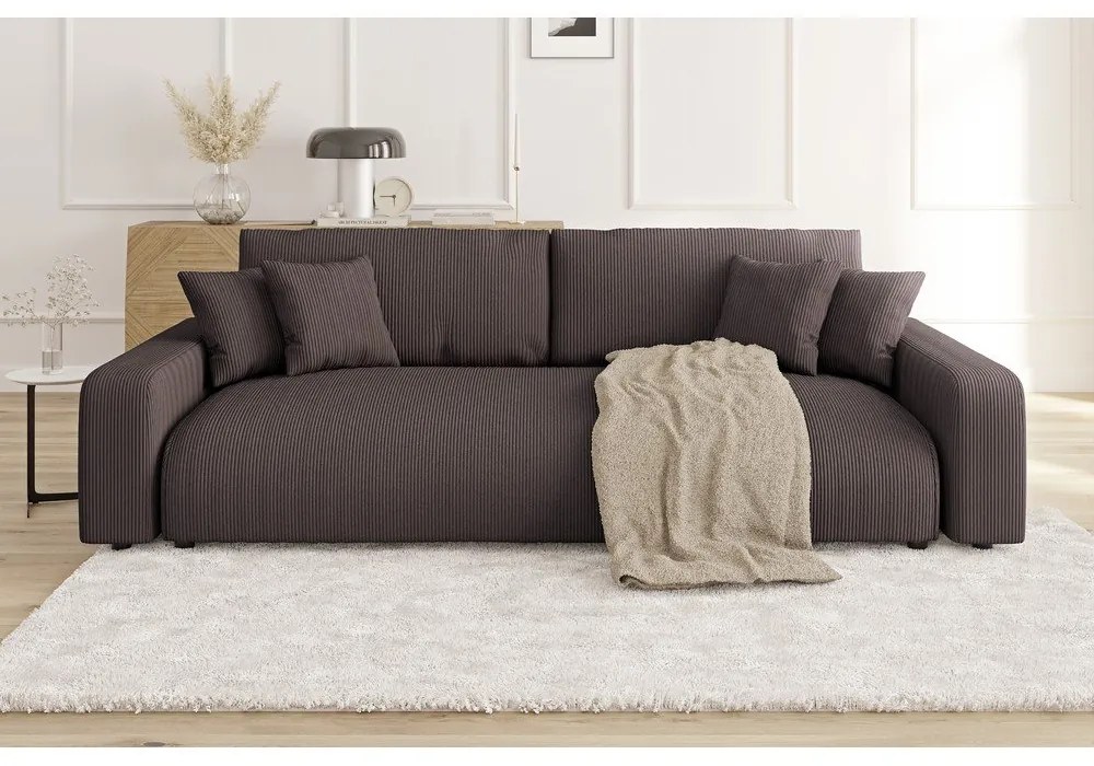 Кафяв разтегателен диван с място за съхранение от рипсено кадифе 234 cm Sara – Ropez