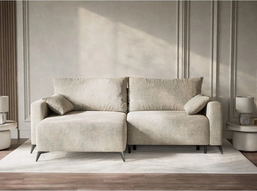 Бежов шенилов сгъваем/с място за съхранение ъглов диван (ляв ъгъл) Leon – Maison de Rêve