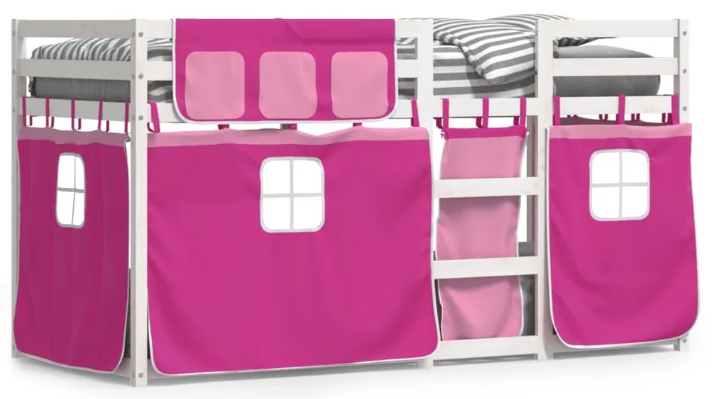 3283909 vidaXL Двуетажно легло със завеси розово 90x190 см масивен бор масив