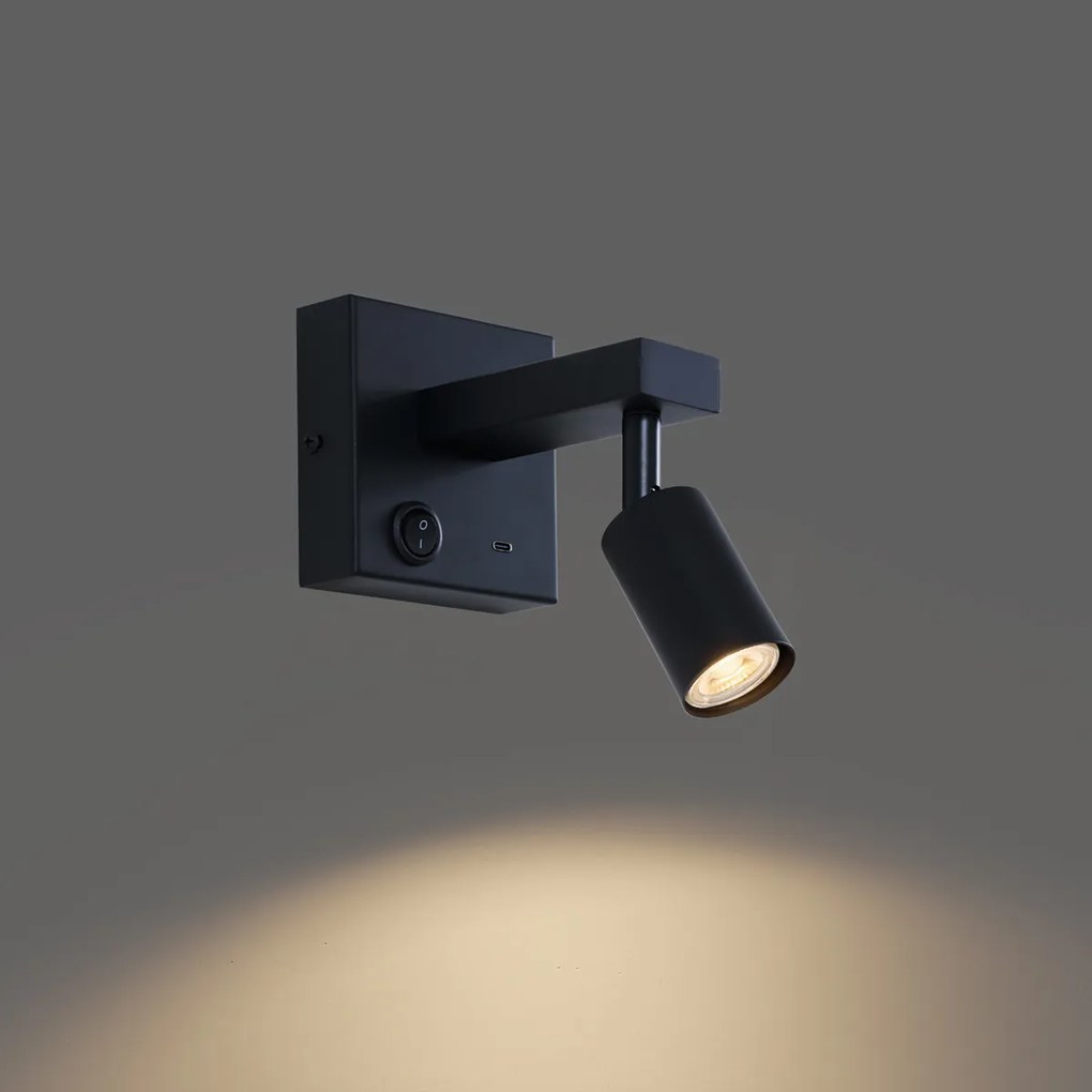 Модерна черна стенна лампа с USB-C, накланяща се - Rex