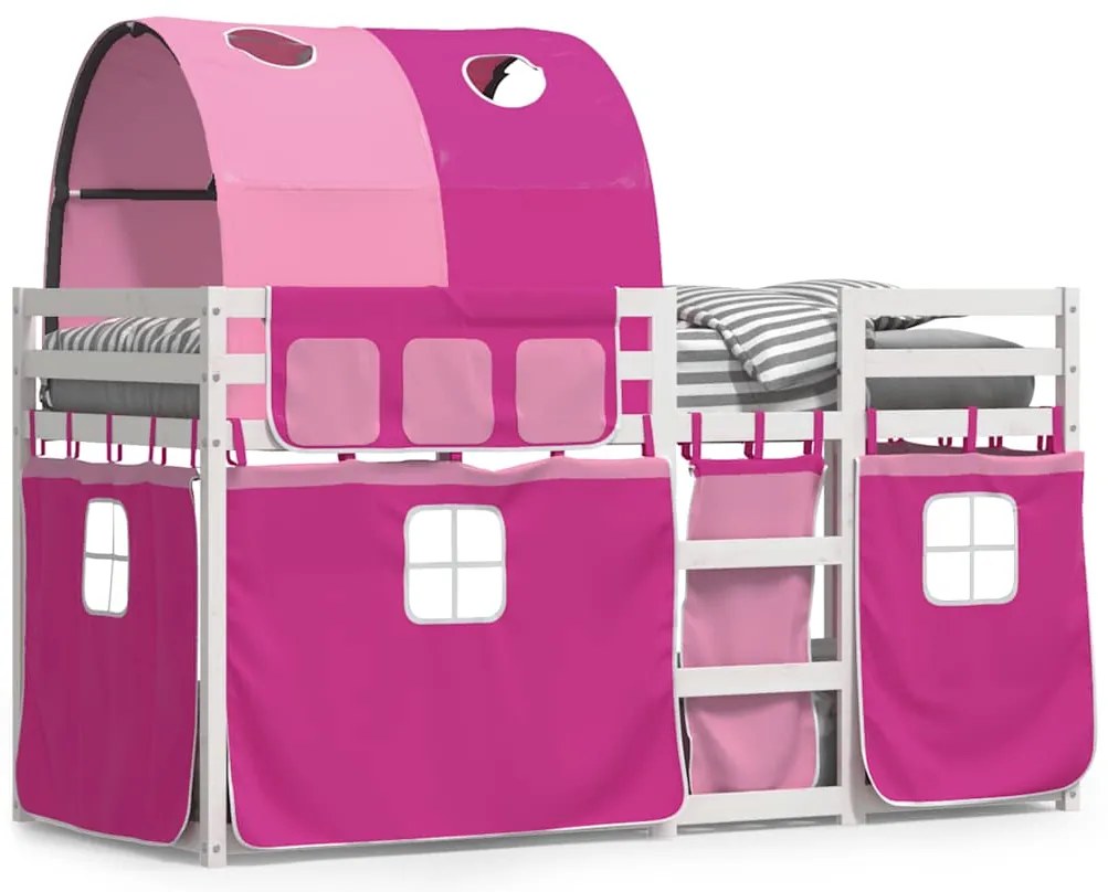 3283987 vidaXL Двуетажно легло със завеси розово 90x200 см масивен бор масив