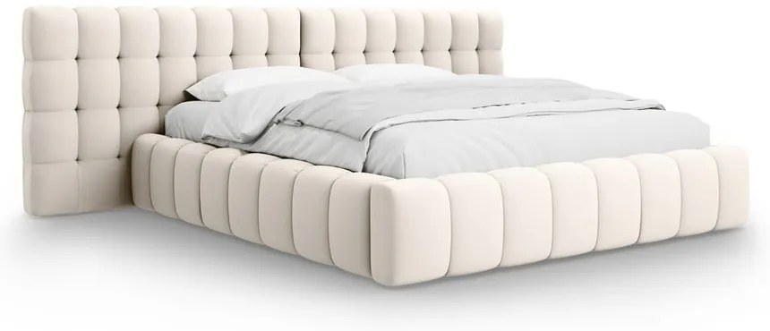 Кремаво тапицирано двойно легло с място за съхранение с включена подматрачна рамка 200x200 cm Mamaia – Micadoni Home