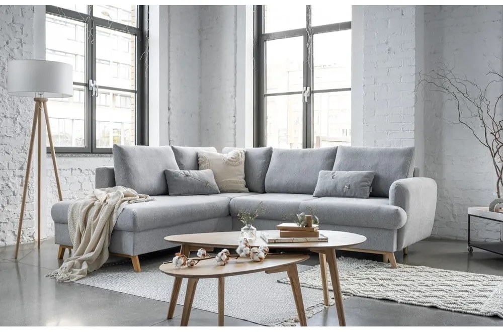 Светлосив разтегателен/с място за съхранение ъглов диван (ляв ъгъл/L форма) Scandic Lagom – Miuform