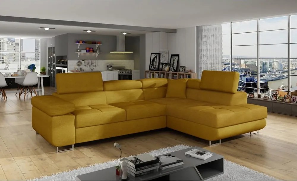 Жълт разтегателен ъглов диван с място за съхранение (десен ъгъл L форма) Anton – ELTAP