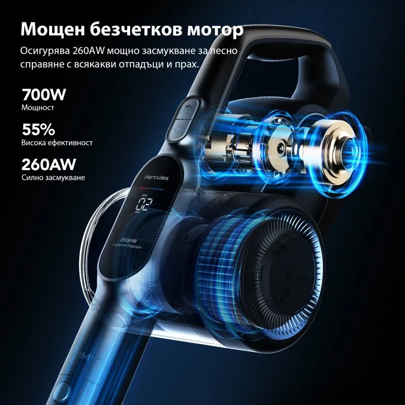 Вертикална прахосмукачка Jimmy H11 Pro, 600W, 260 AW, 0.6 л, Сензор за прах, Сгъваема, Автономност 90 минути, LED дисплей, Черен/Сив