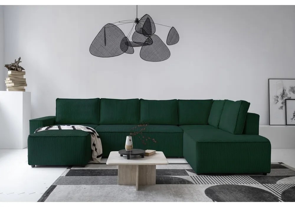 Тъмнозелен разтегателен ъглов диван от рипсено кадифе (десен ъгъл/"U" форма) Brave Dave – Miuform
