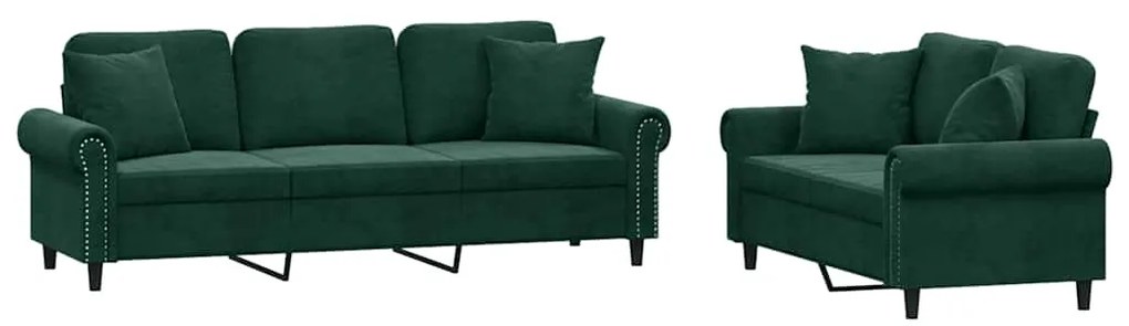 3202272 vidaXL Комплект дивани 2 части с възглавници, тъмнозелен, кадифе