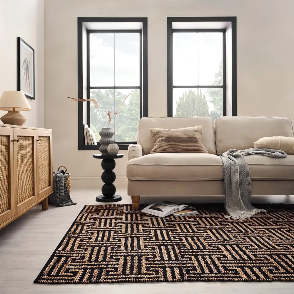 Черен/естествен ръчно изработен килим със смес от юта 200x290 cm Meander Jute – Flair Rugs