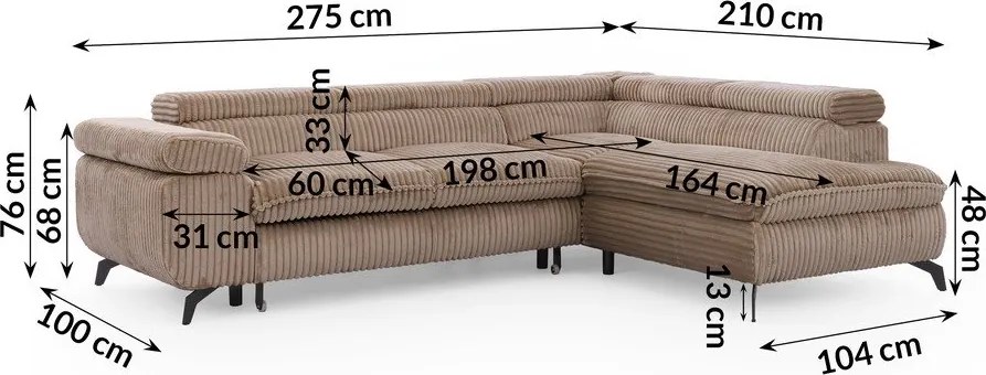 Кафяв ъглов диван от рипсено кадифе (десен ъгъл L форма) Marbeya – Ropez