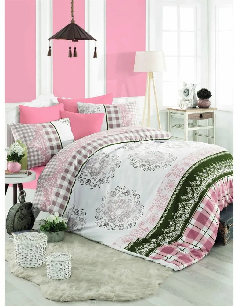 Бяло-розово единично спално бельо от памук Renforcé 140x200 cm Nazenin – Mijolnir