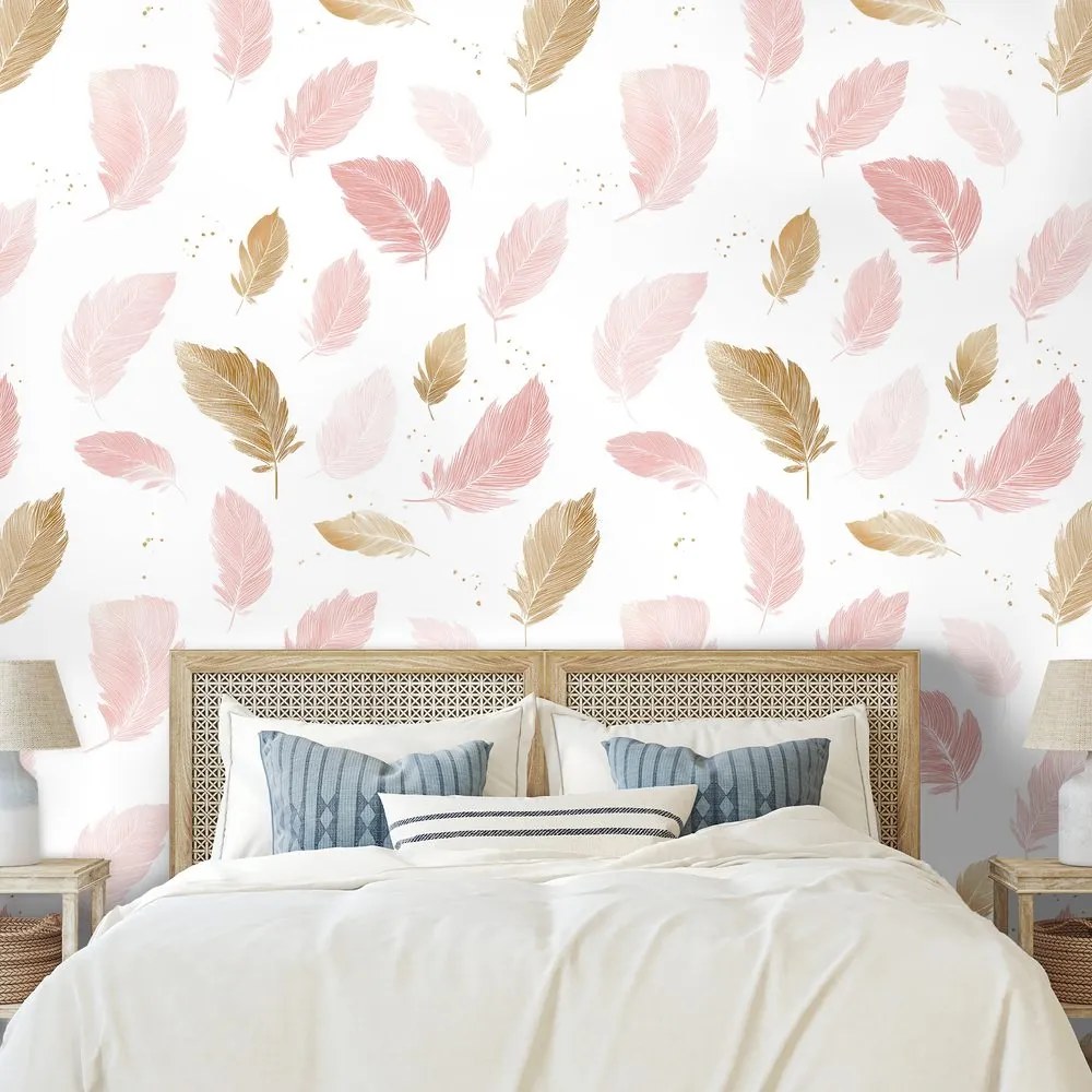 Самозалепващ тапет – Розово-златни нежни пера