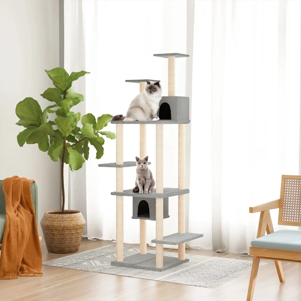 171688 vidaXL Котешко дърво със сизалени стълбове, светлосиво, 176 см