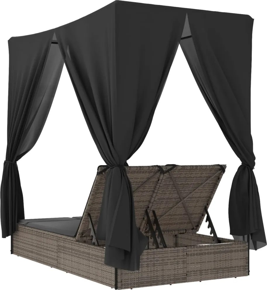 Двоен шезлонг с покрив и завеси сив полиратан