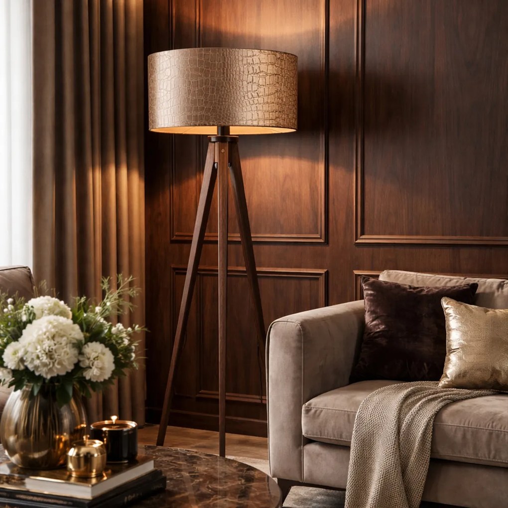 Подова лампа на триножник, орехово дърво, с кадифена абажура, крокодилски мотив, 50 см - Tripod Classic