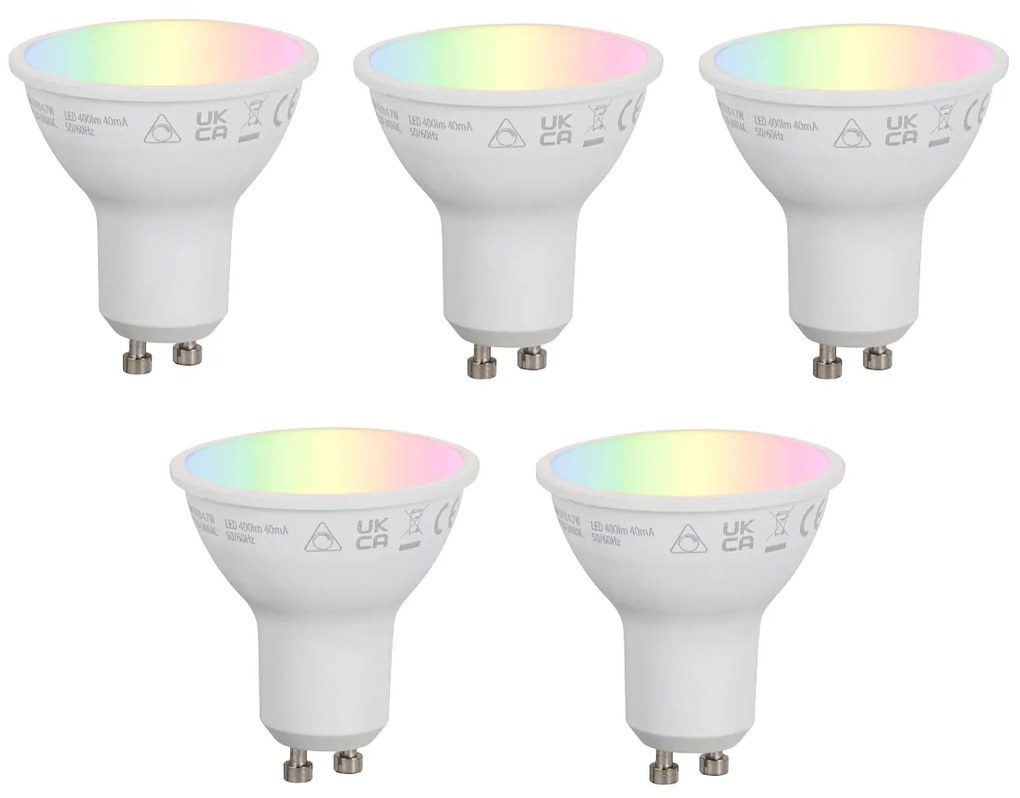 Комплект от 5 интелигентни GU10 50mm димируеми LED крушки Опал RGBW 4.7W 400 lm 2700-6500K