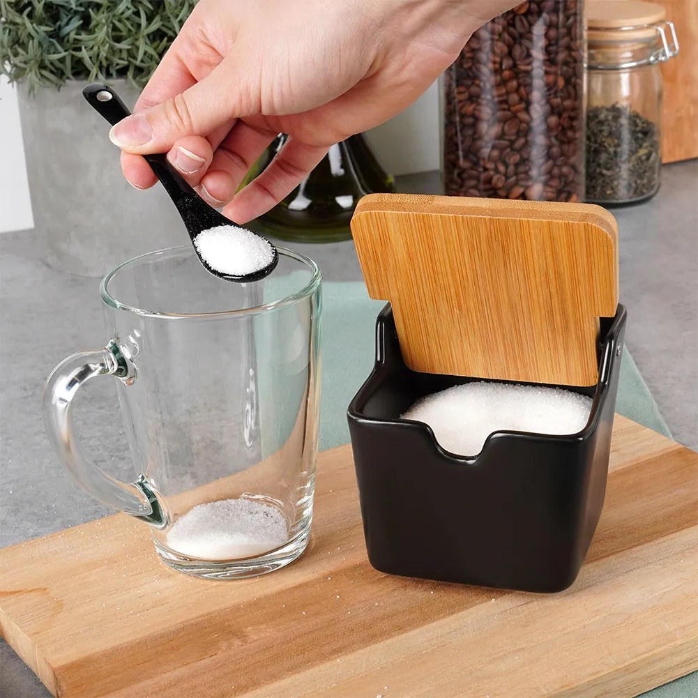 Захарница с лъжица, керамика_бамбук, черна, вместимост 250 мл, размери 9,5x9,5x9см