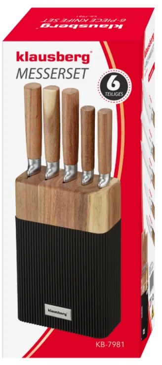 Комплект ножове Klausberg KB 7981, 6 части, Неръждаема стомана, Стойка, Кафяв/графит