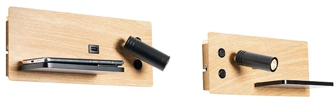 Комплект от 2 стенни лампи черни с дърво, включително LED с USB и индукционно зарядно - Riza