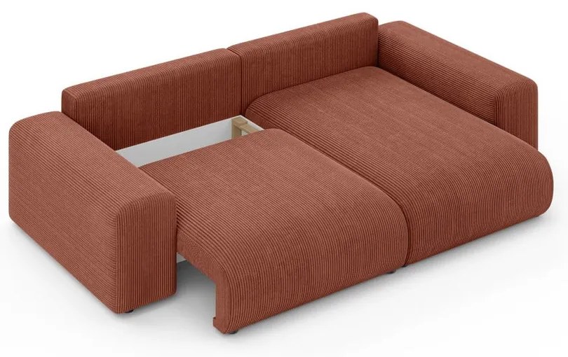 Разтегателен ъглов диван с място за съхранение от рипсено кадифе в тухлен цвят (променлив) Luma – Ropez