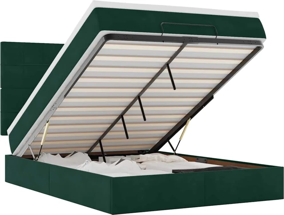 3314327 vidaXL Османска легло с матраци и LED, тъмнозелено, 140x200 см, кадифе